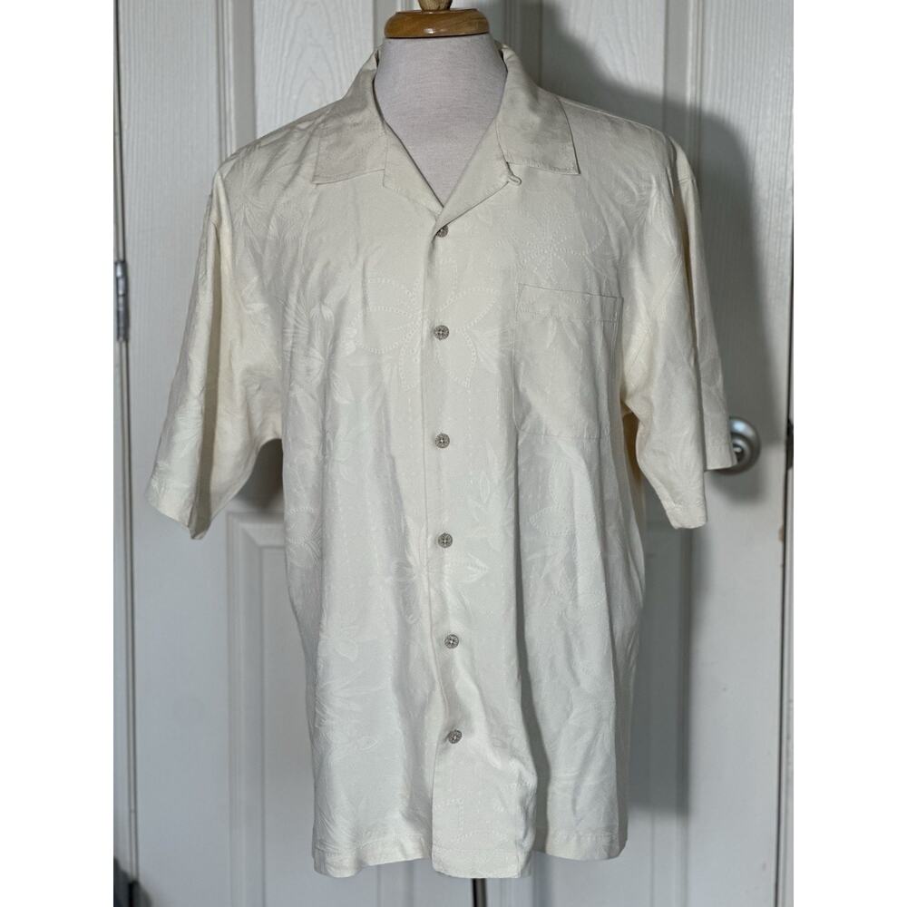 Tommy Bahama Button Up Mens L 100% Silk Short Sleeve Shirt Cream Tropical